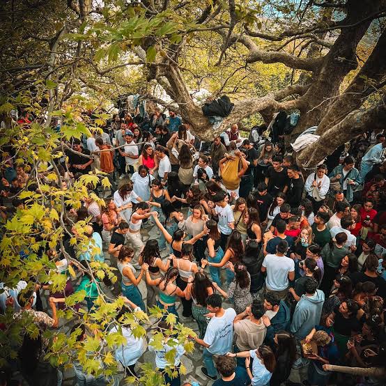 A crowd of dancers fills the village square under giant plane trees at a Tinos panigiri
